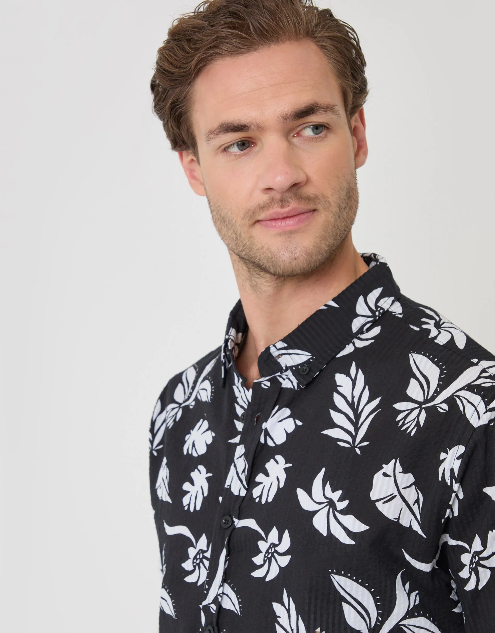 Plant Print Textured Cotton Short Sleeve Shirt in Black sold by Threadbare product image thumbnail 2