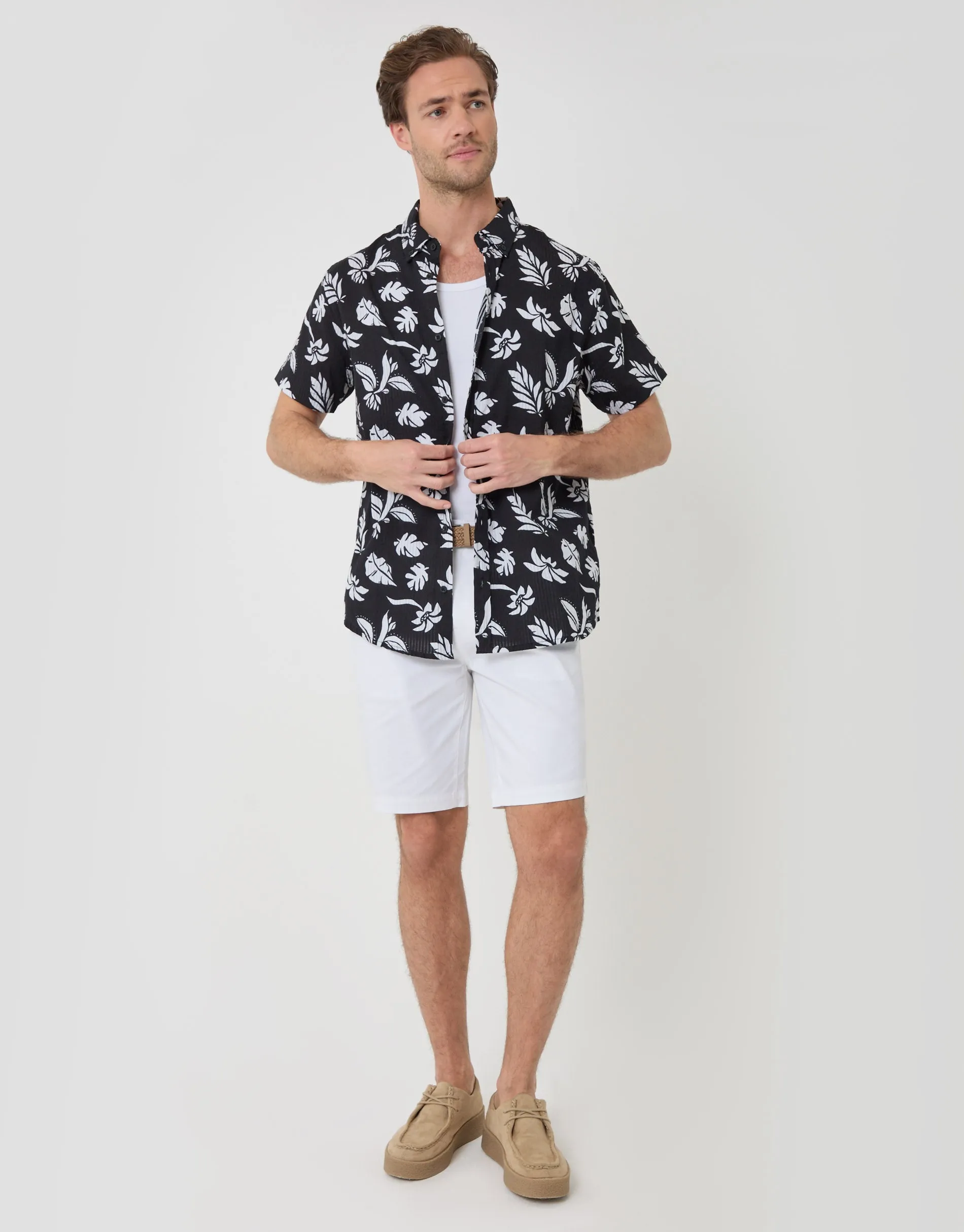 Plant Print Textured Cotton Short Sleeve Shirt in Black sold by Threadbare product image thumbnail 4