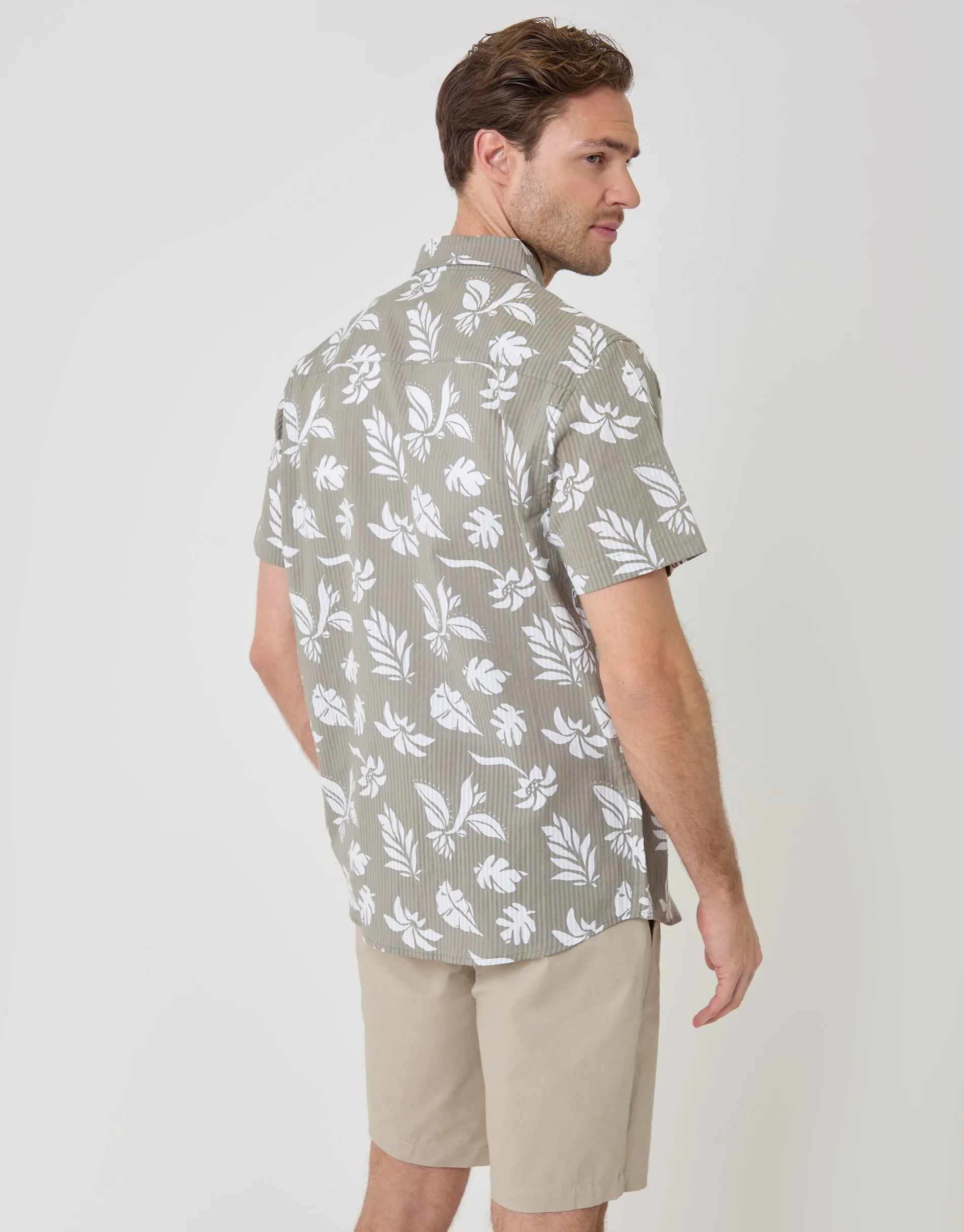 Plant Print Textured Cotton Short Sleeve Shirt in Sage Green sold by Threadbare product image thumbnail 3
