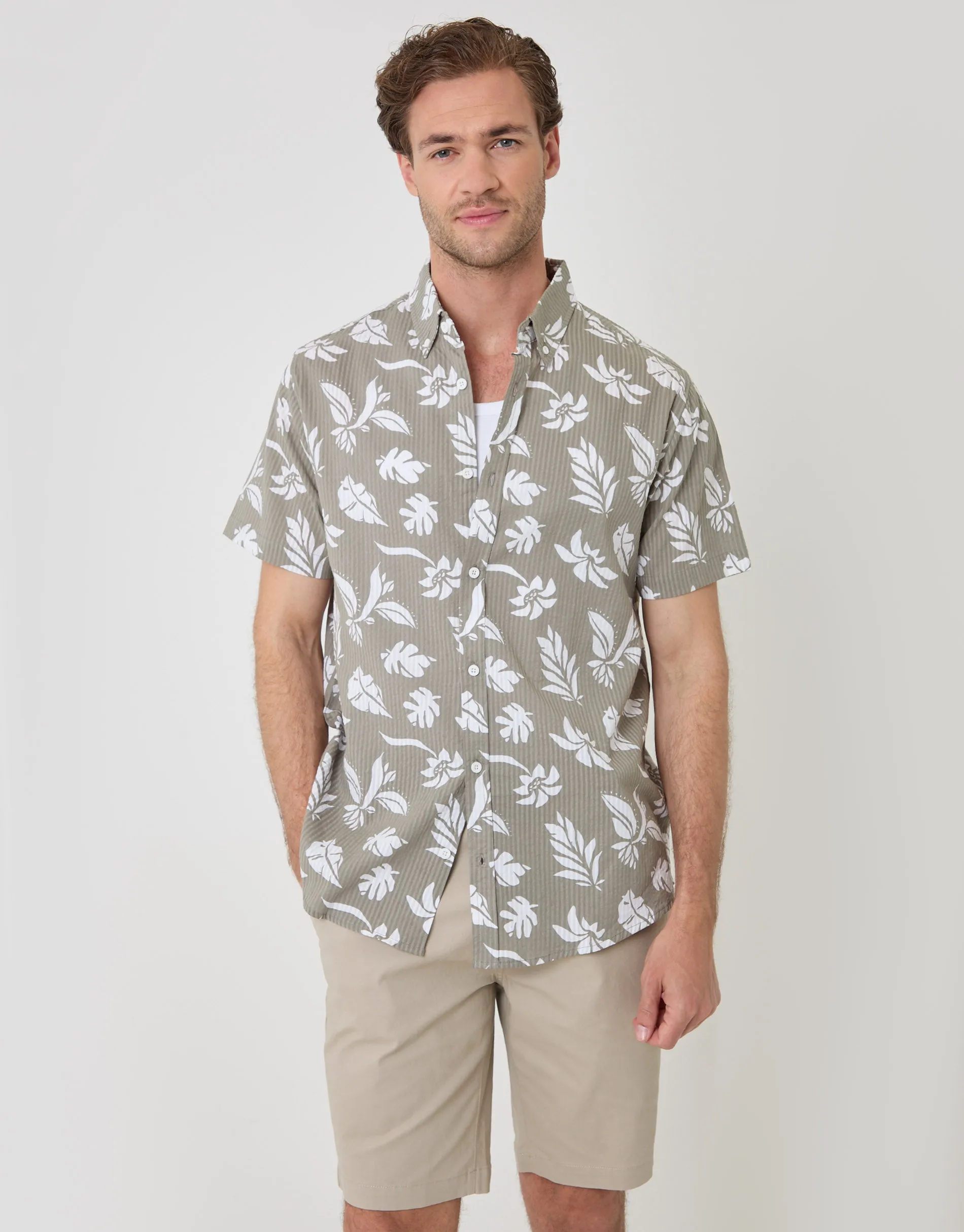 Plant Print Textured Cotton Short Sleeve Shirt in Sage Green sold by Threadbare product image thumbnail 4