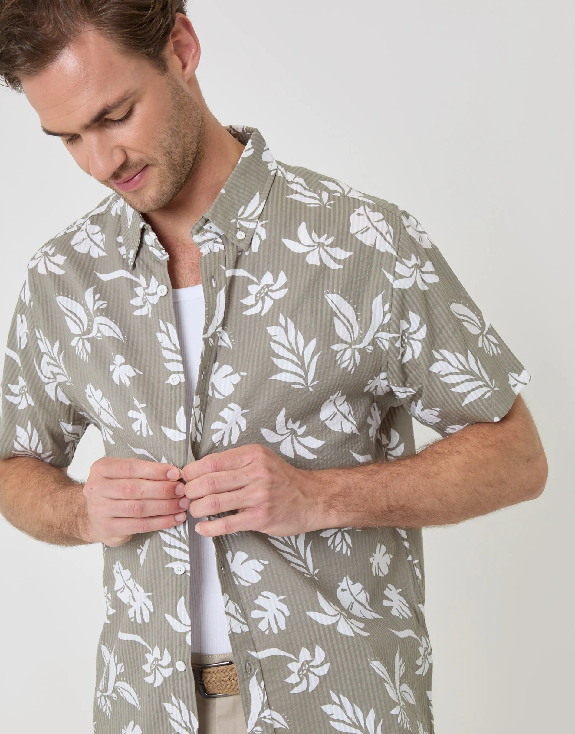 Plant Print Textured Cotton Short Sleeve Shirt in Sage Green sold by Threadbare