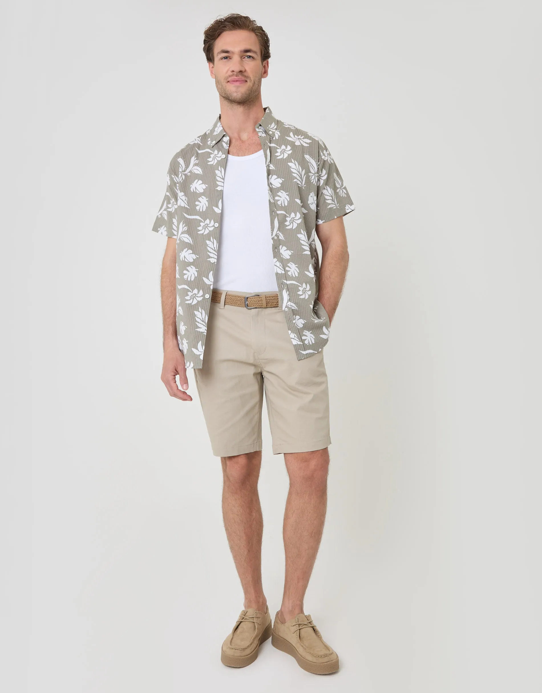 Plant Print Textured Cotton Short Sleeve Shirt in Sage Green sold by Threadbare product image thumbnail 5