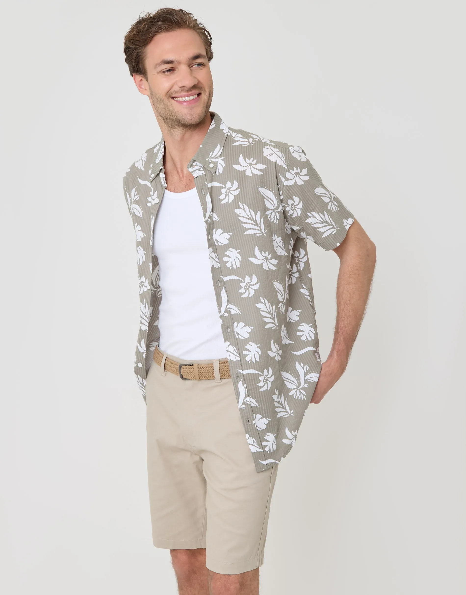 Plant Print Textured Cotton Short Sleeve Shirt in Sage Green sold by Threadbare product image thumbnail 2