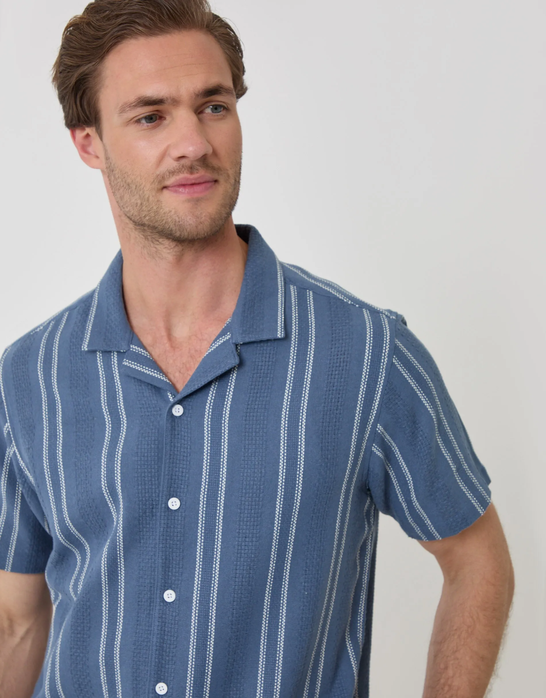 Knitted Cotton Blend Short Sleeve Shirt in Blue Stripe sold by Threadbare product image thumbnail 2