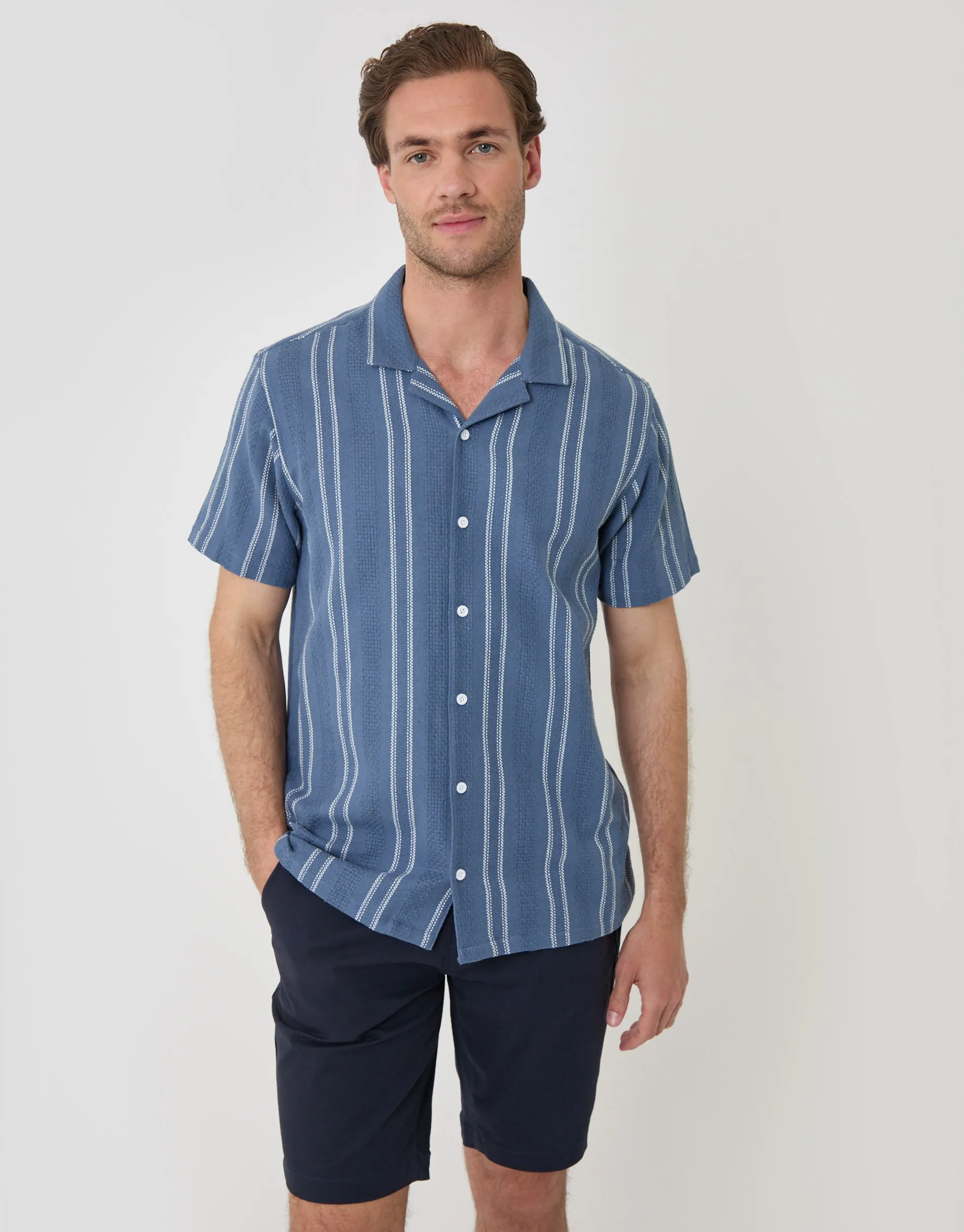 Knitted Cotton Blend Short Sleeve Shirt in Blue Stripe sold by Threadbare product image thumbnail 4