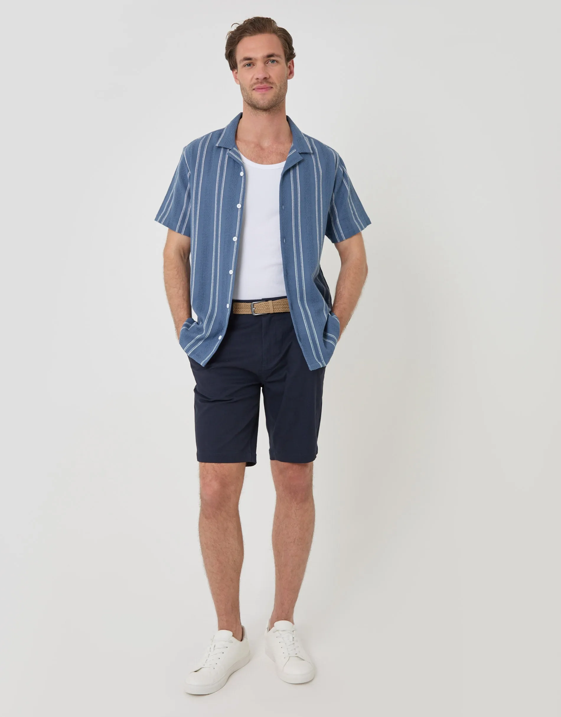 Knitted Cotton Blend Short Sleeve Shirt in Blue Stripe sold by Threadbare product image thumbnail 5