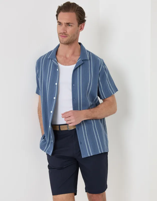 Stripe Knitted Cotton Blend Short Sleeve Shirt in Blue made by Threadbare