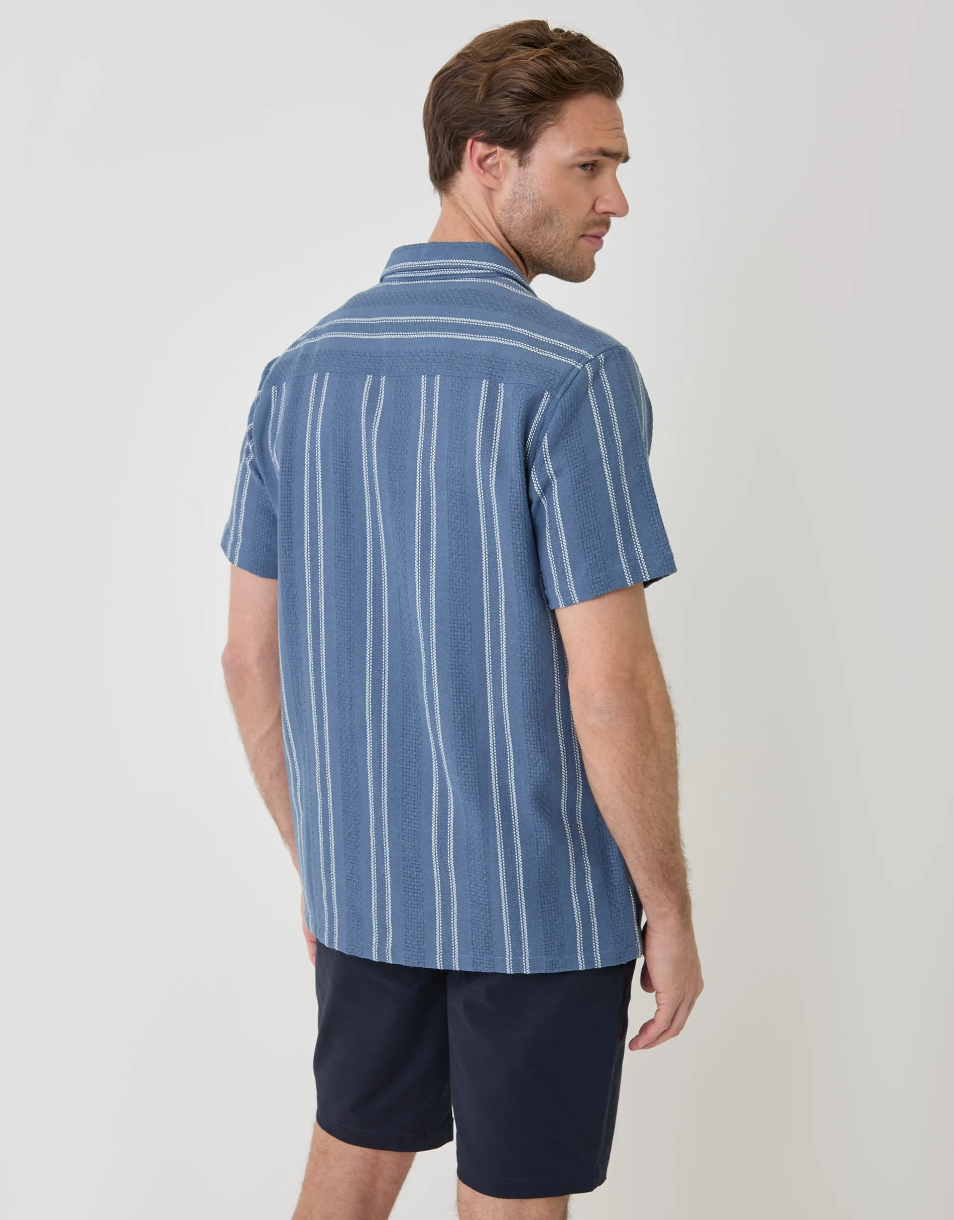 Knitted Cotton Blend Short Sleeve Shirt in Blue Stripe sold by Threadbare product image thumbnail 3