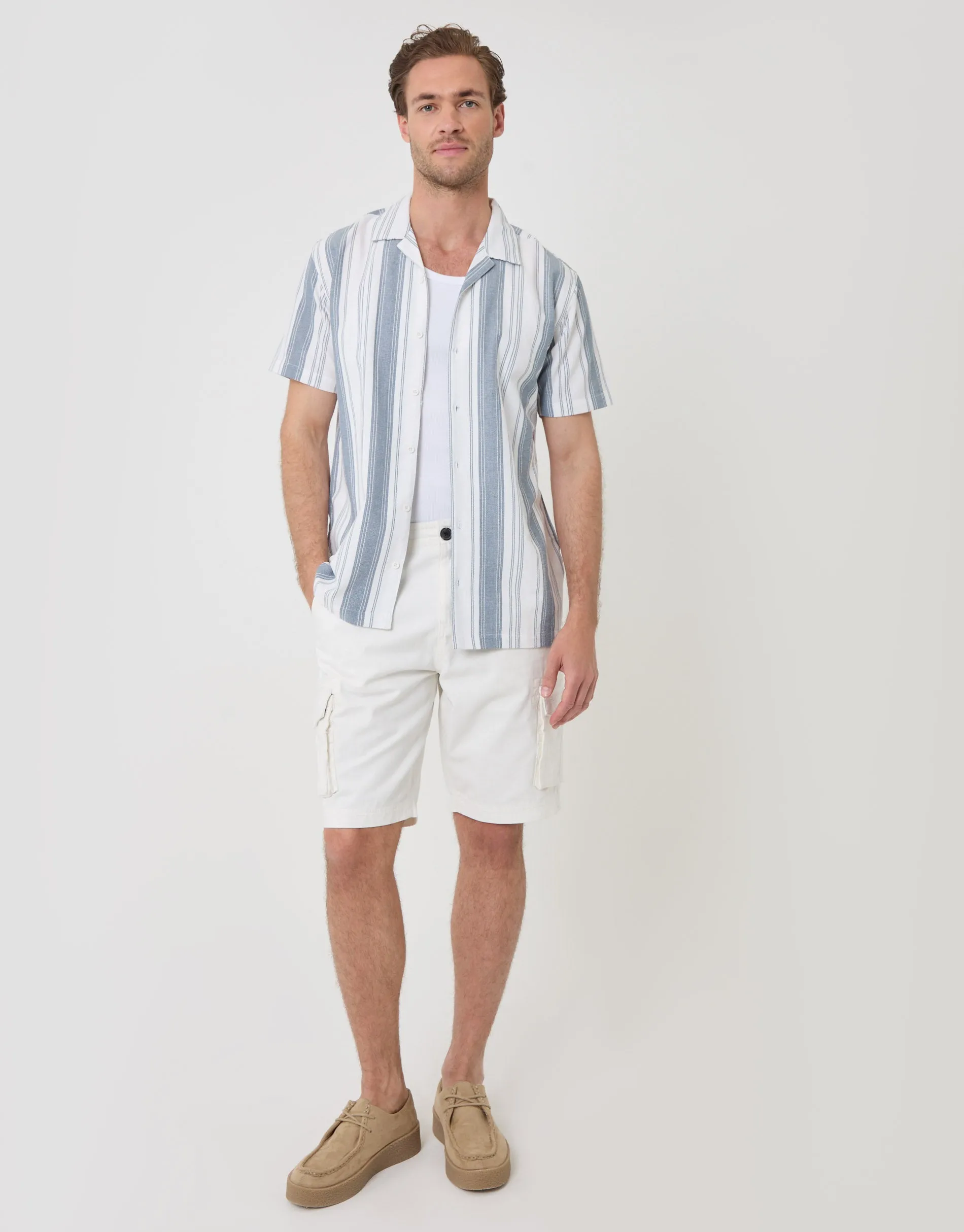 Knitted Cotton Blend Short Sleeve Shirt in Ecru Stripe sold by Threadbare product image thumbnail 5