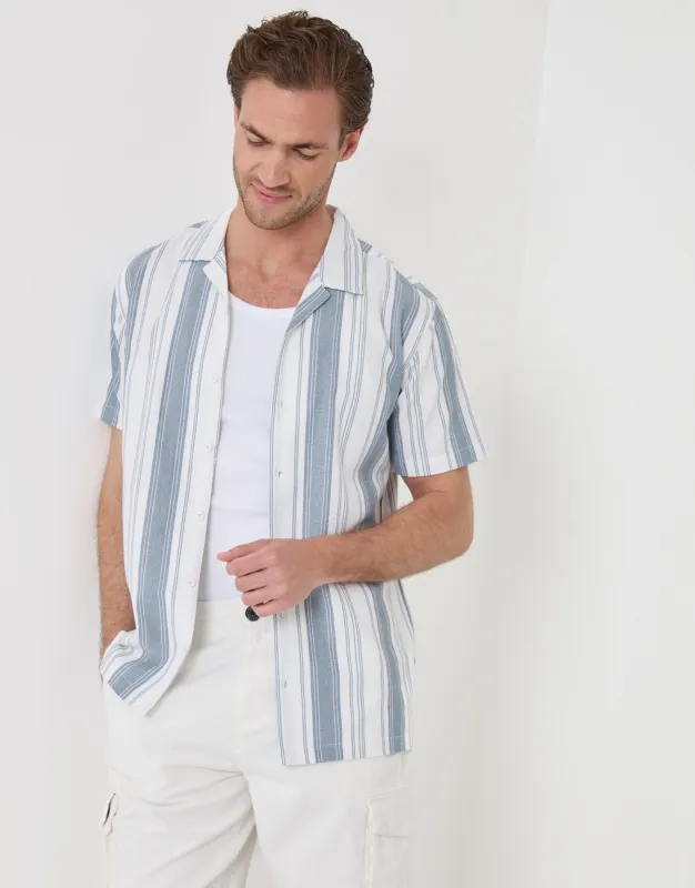 Knitted Cotton Blend Short Sleeve Shirt in Ecru Stripe made by Threadbare