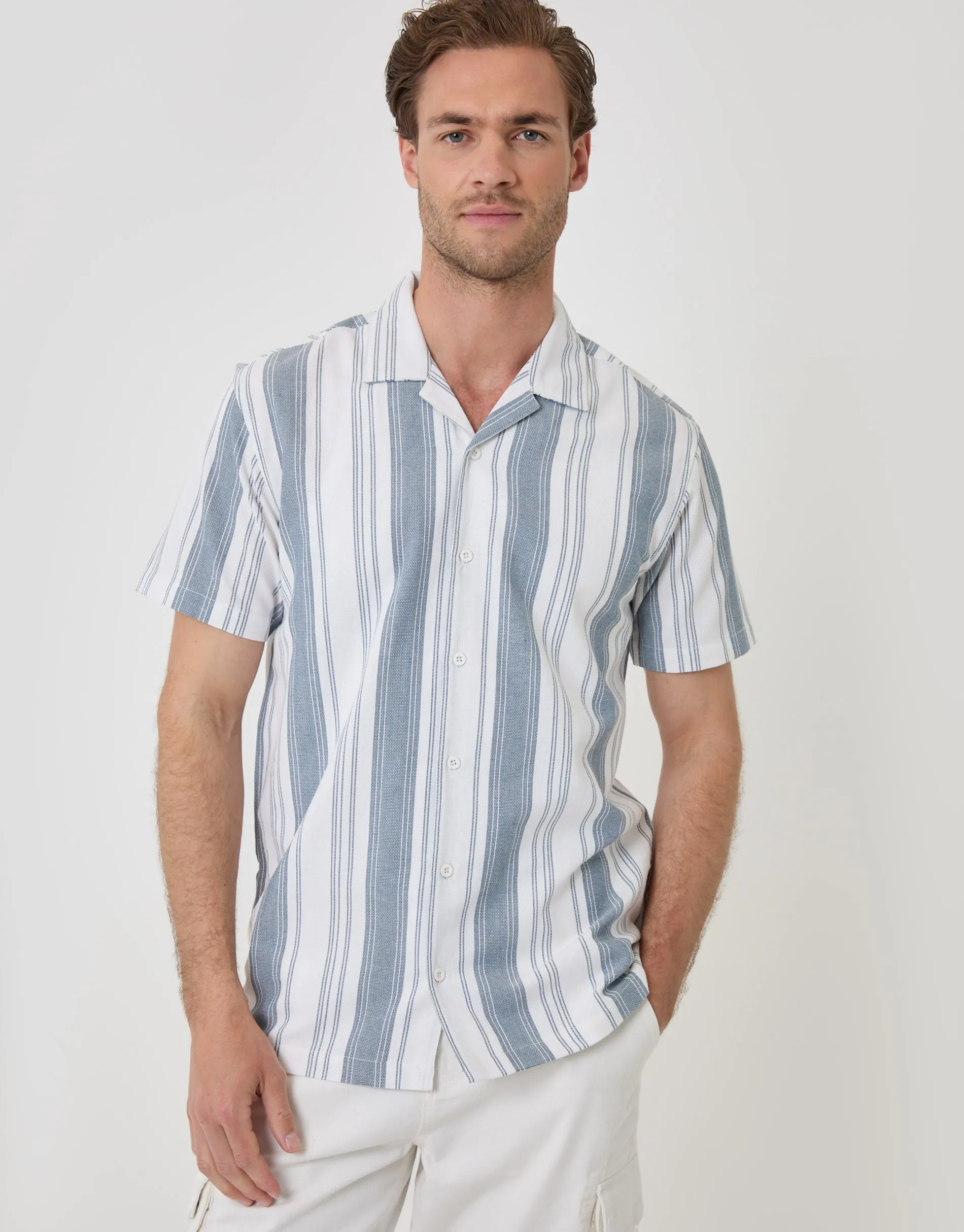 Knitted Cotton Blend Short Sleeve Shirt in Ecru Stripe sold by Threadbare product image thumbnail 4