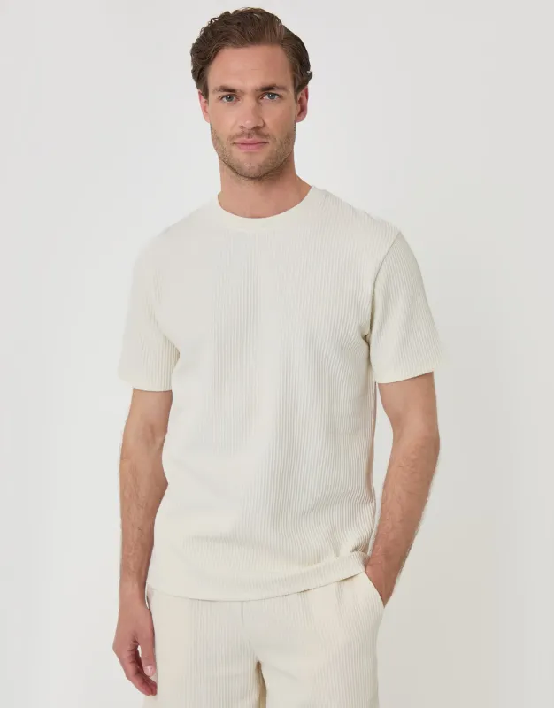 Textured Rib Cotton Crew Neck T-Shirt in Ecru made by Threadbare