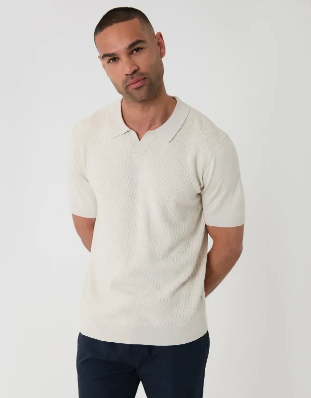 Textured Knit Front Trophy Neck Polo in Ecru made by Threadbare