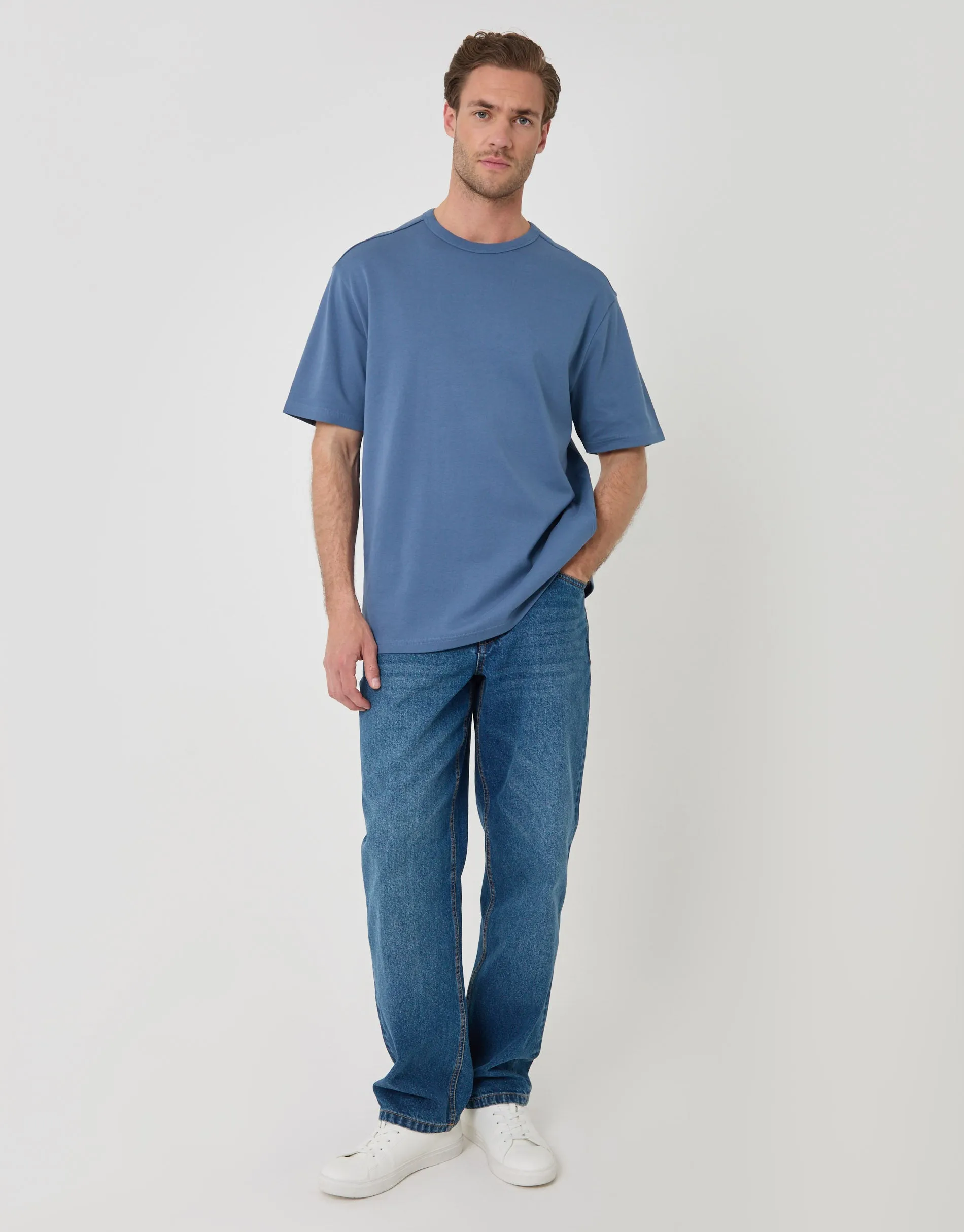Relaxed Fit Textured Cotton T-Shirt in Denim Blue sold by Threadbare product image thumbnail 3