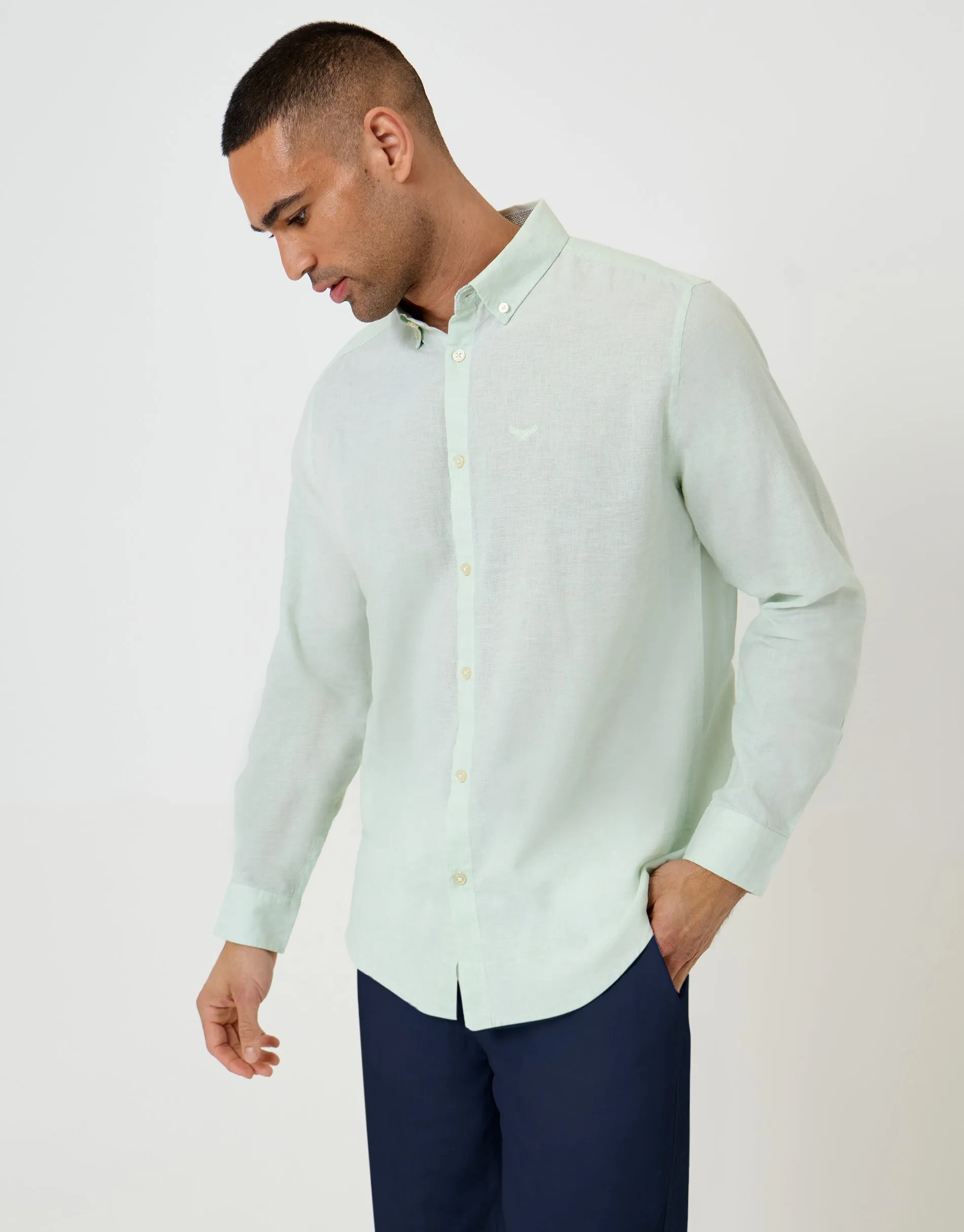 Long Sleeve Linen Blend Shirt in Mint Green sold by Threadbare