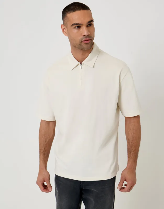 Oversized Quarter Zip Polo Shirt in Ecru made by Threadbare