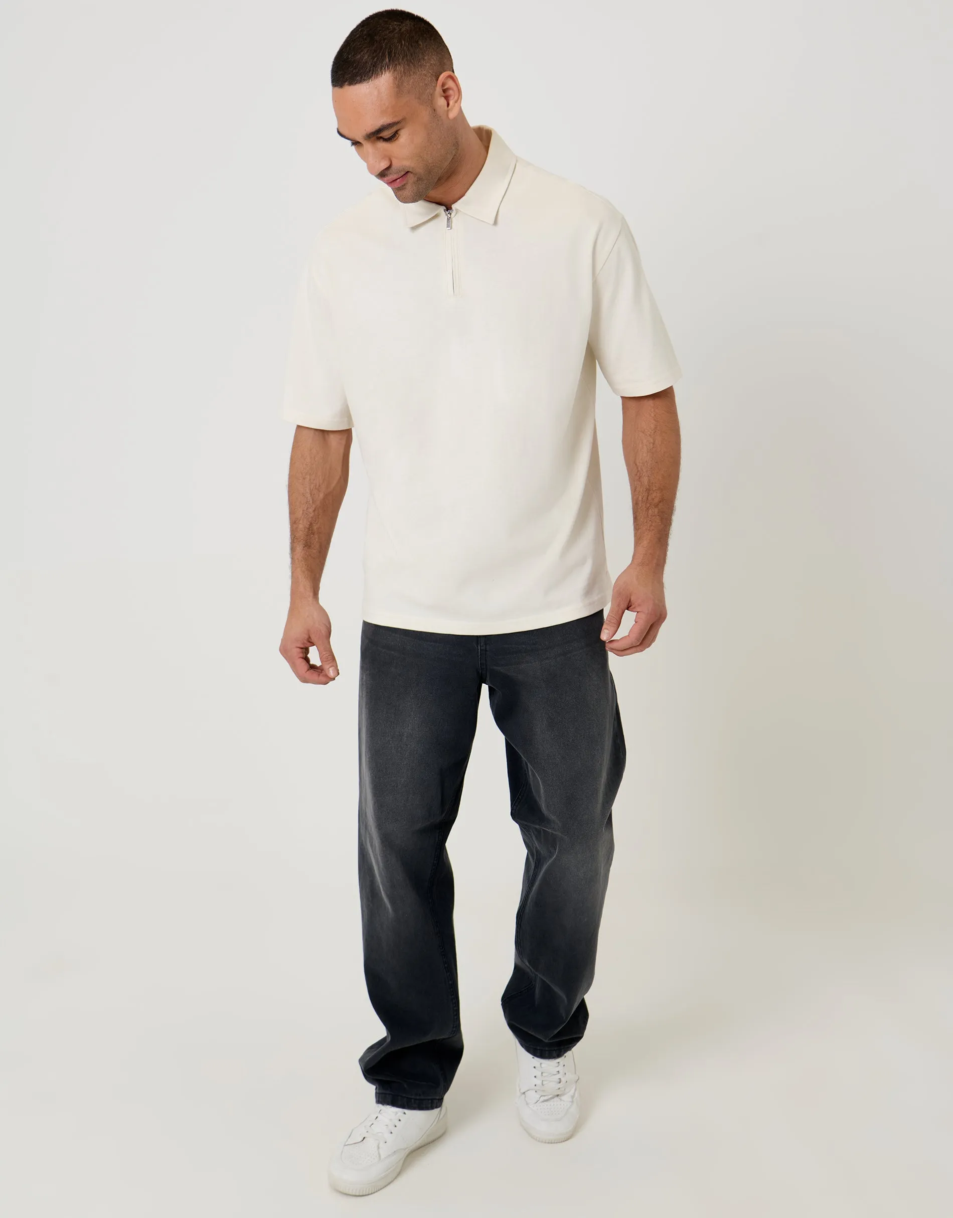 Oversized Quarter Zip Polo Shirt in Ecru sold by Threadbare product image thumbnail 3