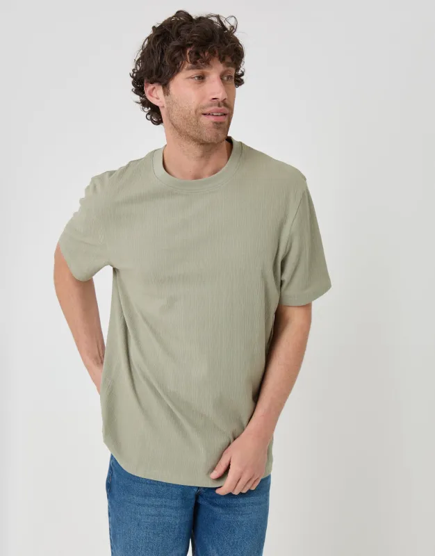 Relaxed Fit Cotton Textured T-Shirt in Sage Green made by Threadbare
