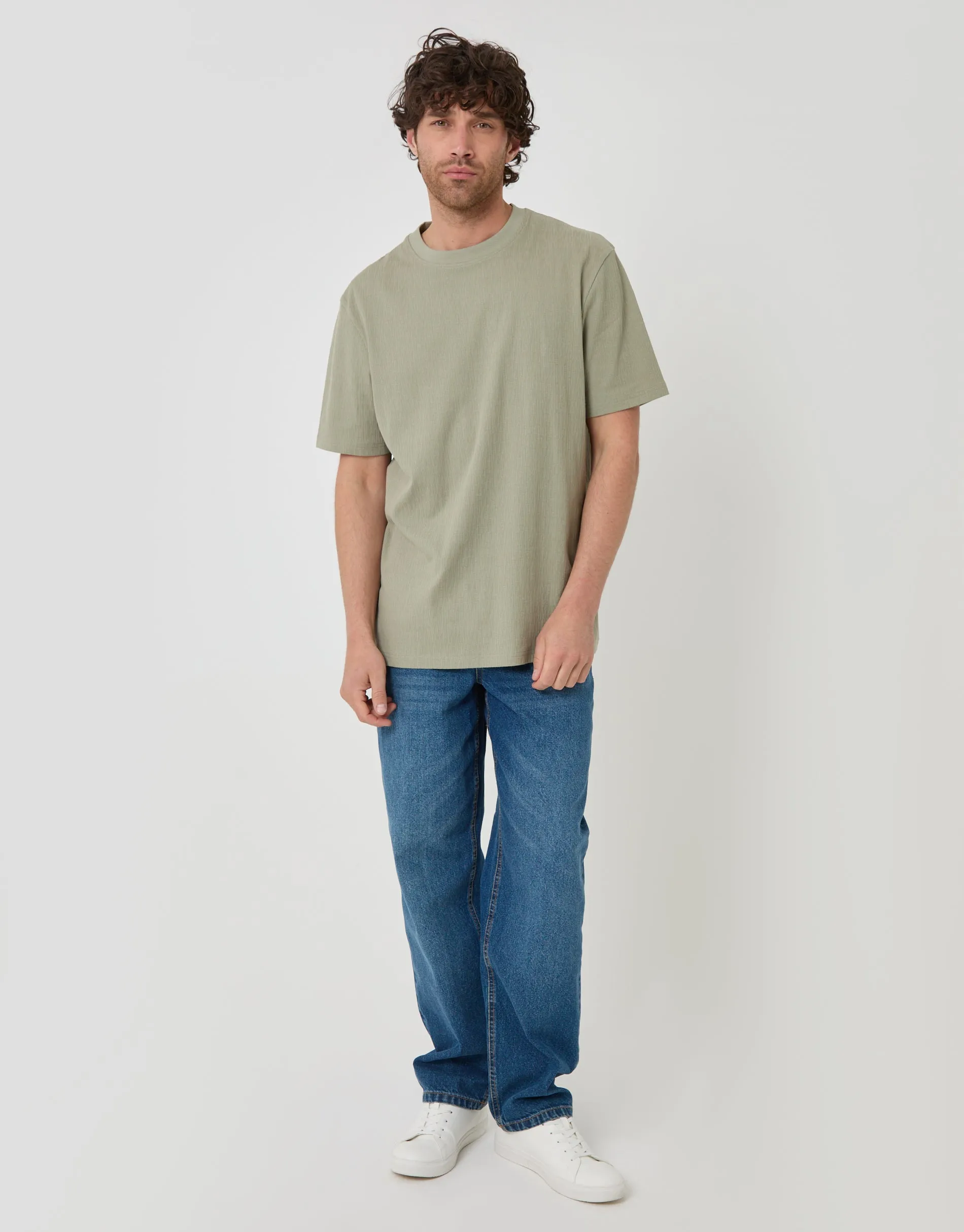 Relaxed Fit Cotton Textured T-Shirt in Sage Green sold by Threadbare product image thumbnail 3