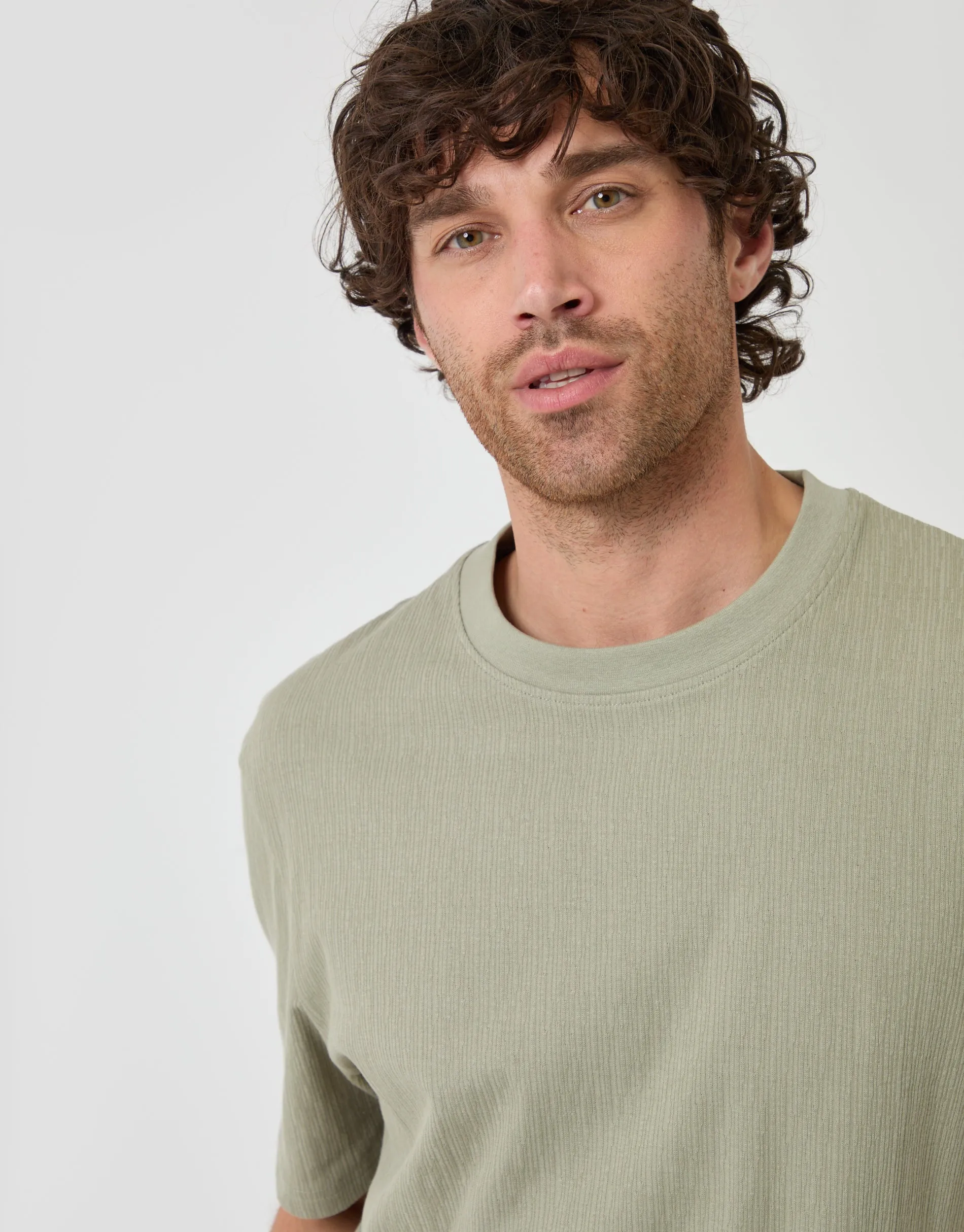Relaxed Fit Cotton Textured T-Shirt in Sage Green sold by Threadbare product image thumbnail 4