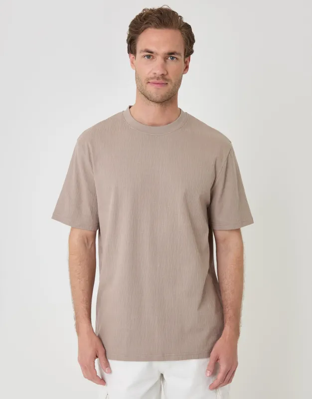 Relaxed Fit Cotton Textured T-Shirt in Mushroom Brown made by Threadbare