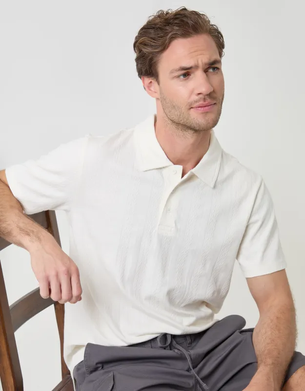 Textured Cotton Polo Shirt in Ecru made by Threadbare