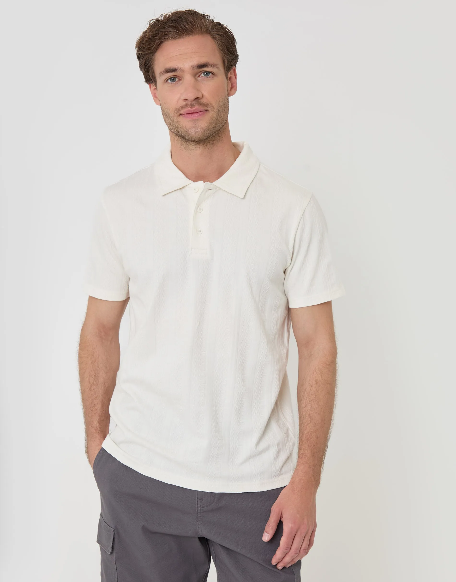 Textured Cotton Polo Shirt in Ecru sold by Threadbare product image thumbnail 5