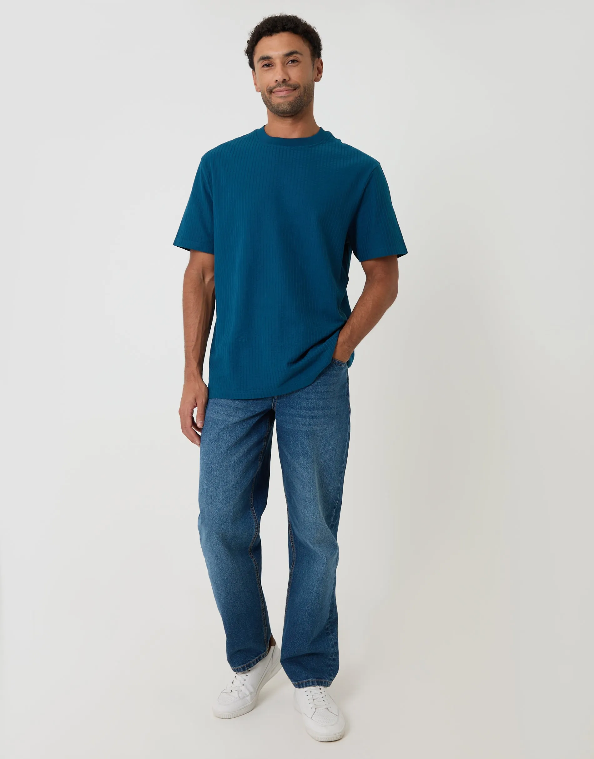 Relaxed Fit Cotton Ribbed T-Shirt in Blue sold by Threadbare product image thumbnail 3