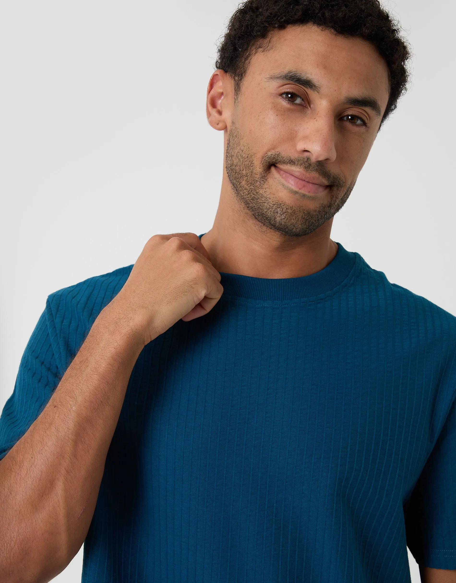Relaxed Fit Cotton Ribbed T-Shirt in Blue sold by Threadbare product image thumbnail 4