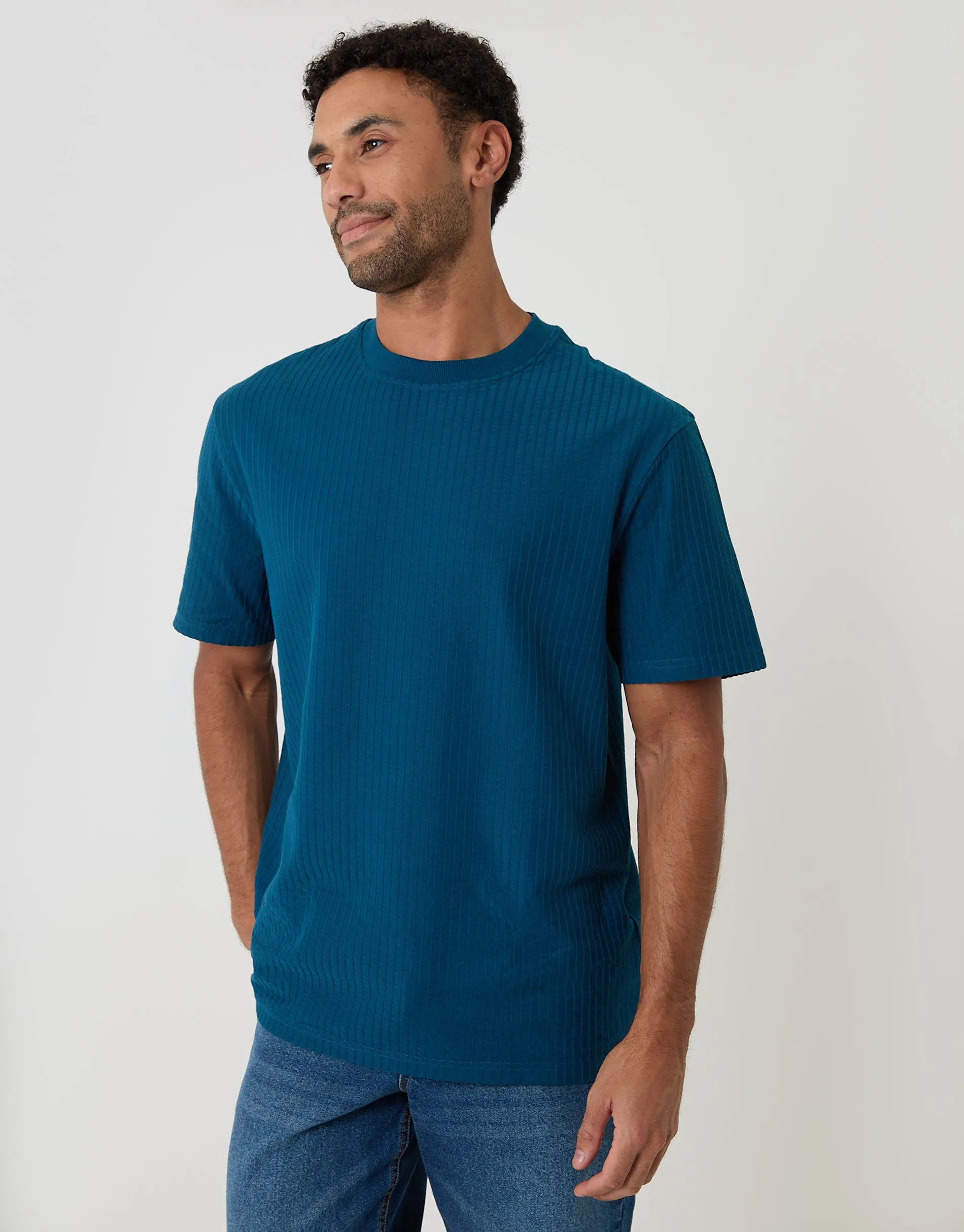 Relaxed Fit Cotton Ribbed T-Shirt in Blue sold by Threadbare
