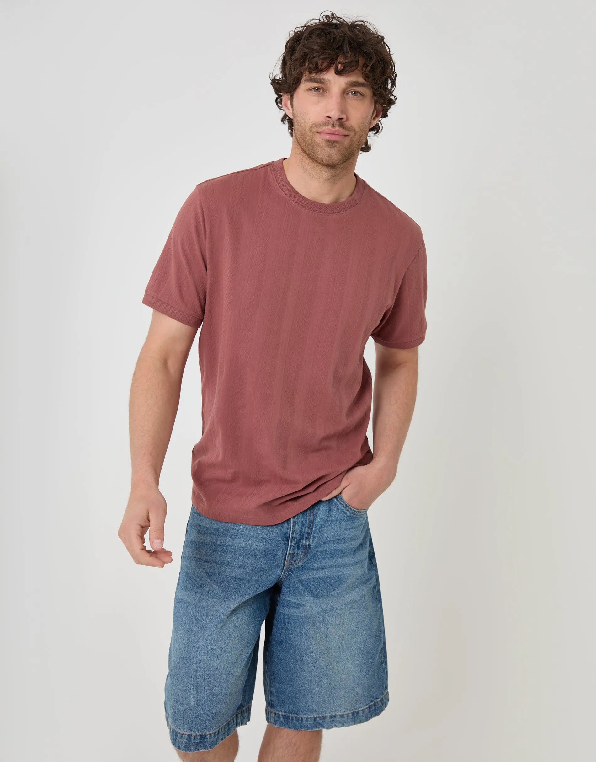 Textured Cotton Crew Neck T-Shirt in Pink sold by Threadbare product image thumbnail 2