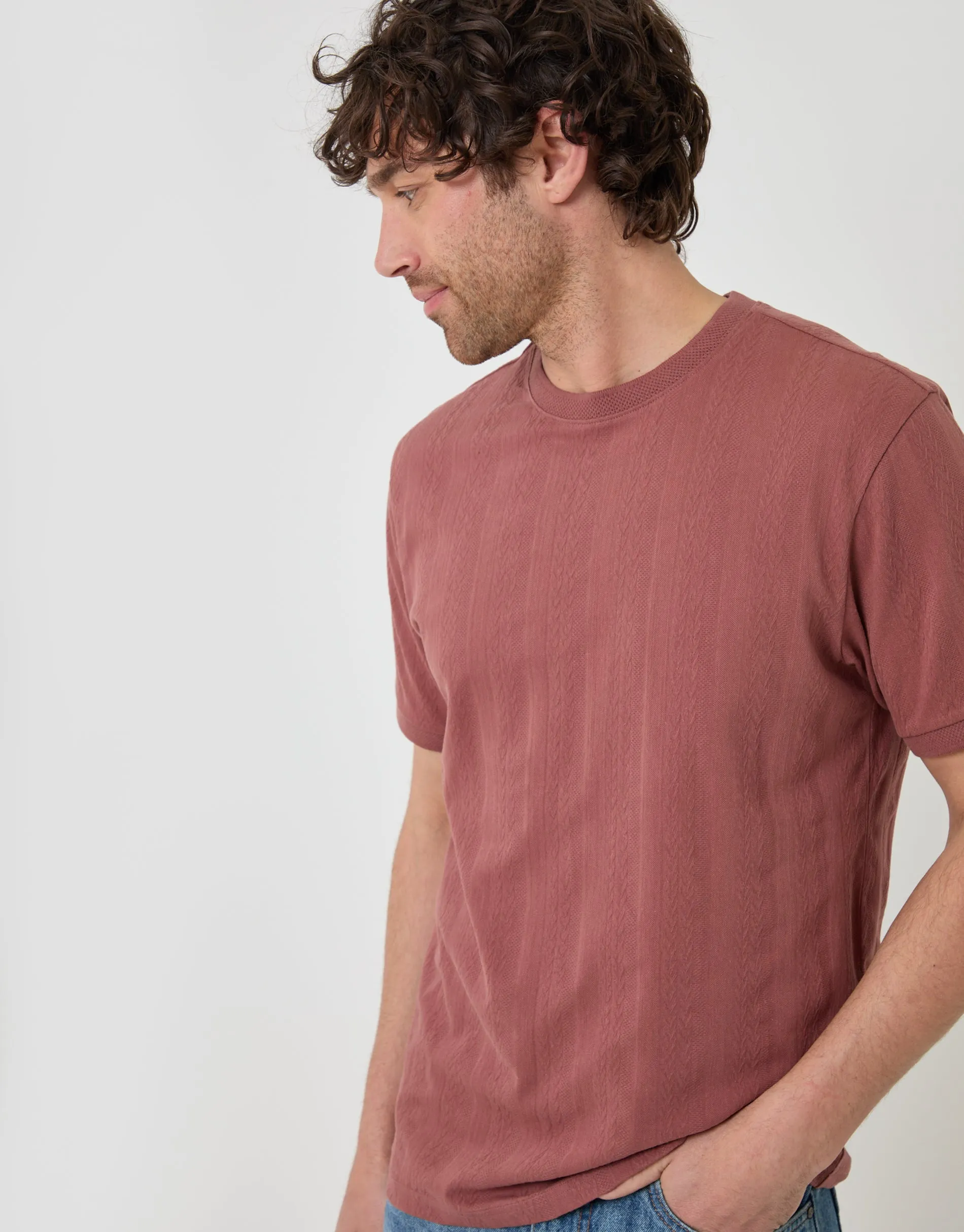 Textured Cotton Crew Neck T-Shirt in Pink sold by Threadbare
