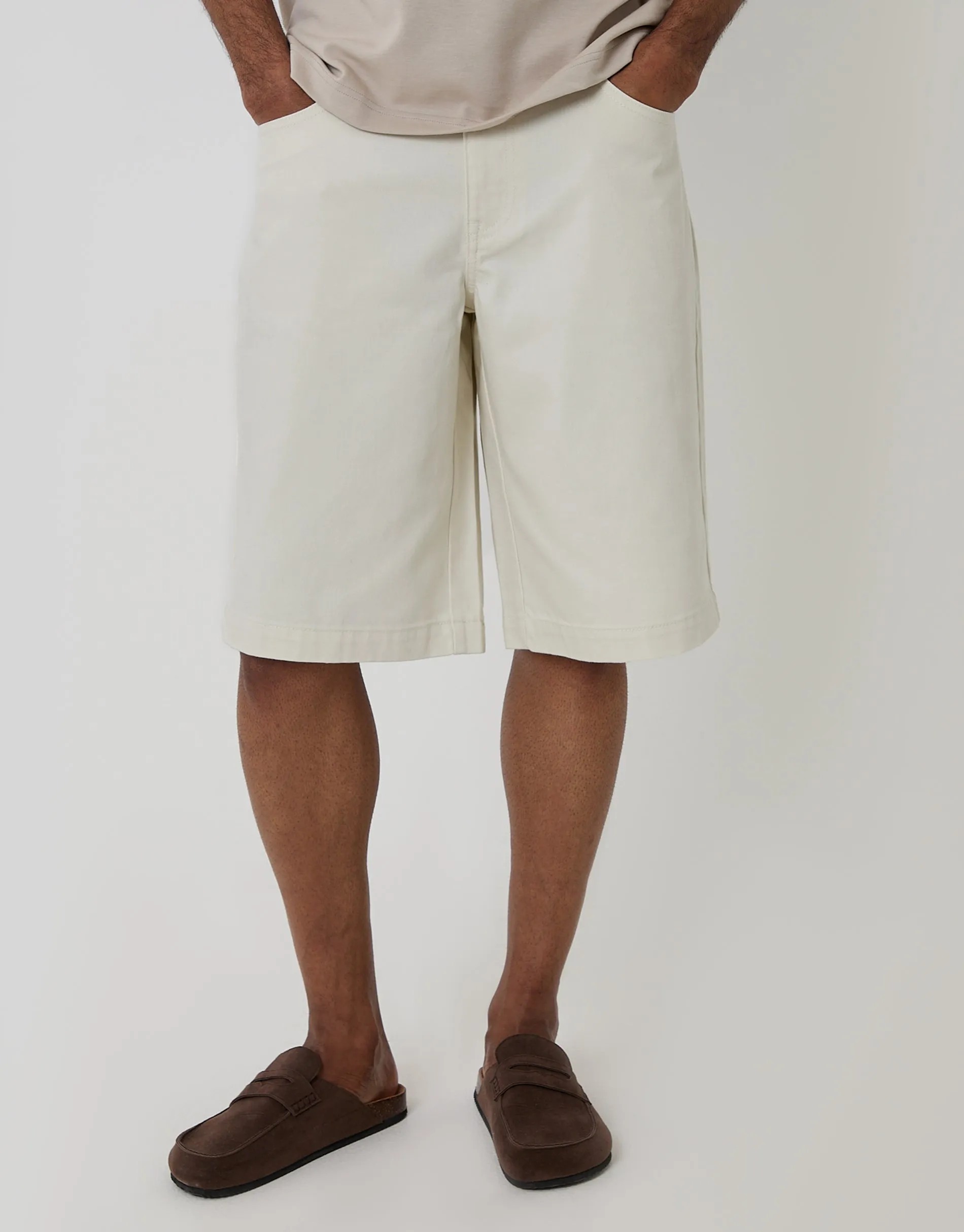 Baggy Fit Denim Shorts in Ecru sold by Threadbare product image thumbnail 2