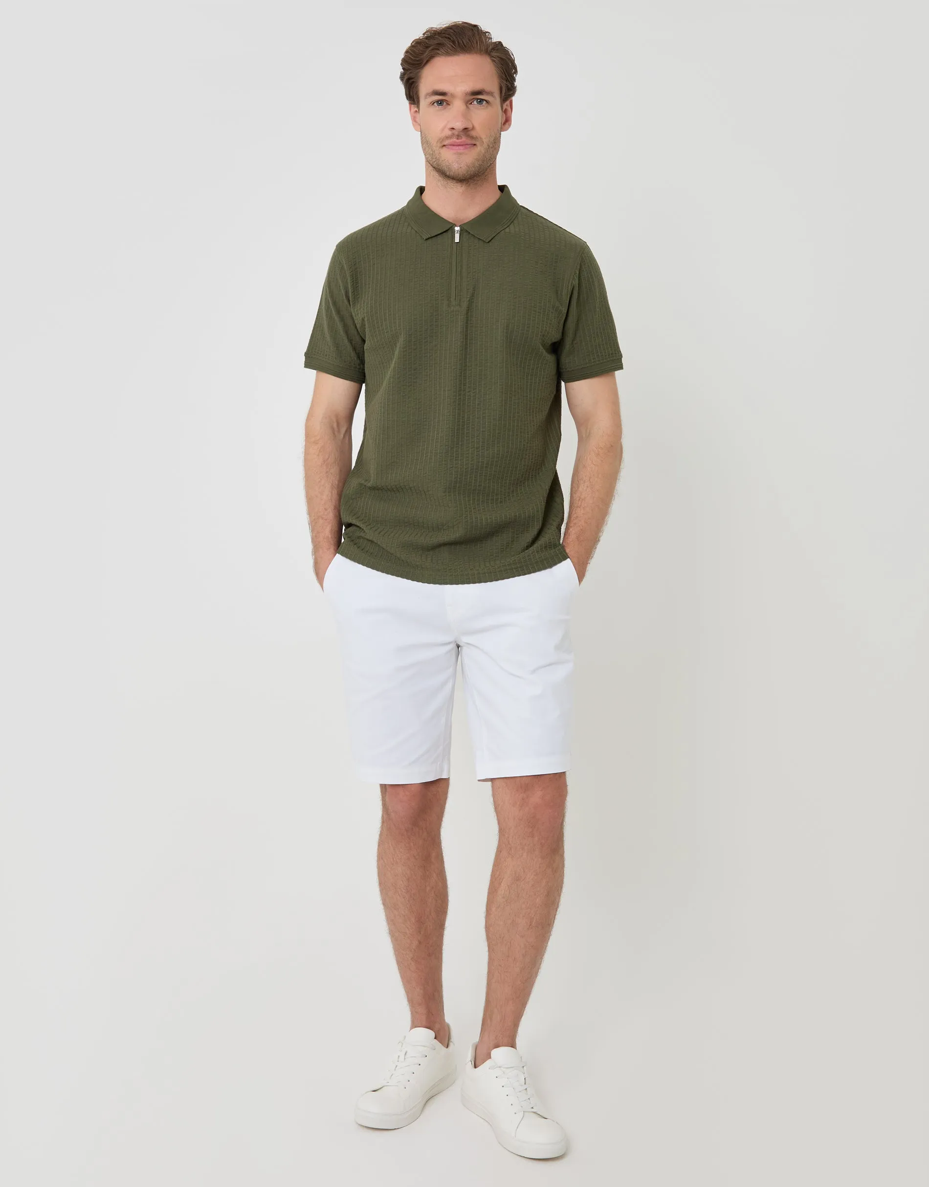 Textured Cotton Zip Up Polo Shirt in Khaki Green sold by Threadbare product image thumbnail 3