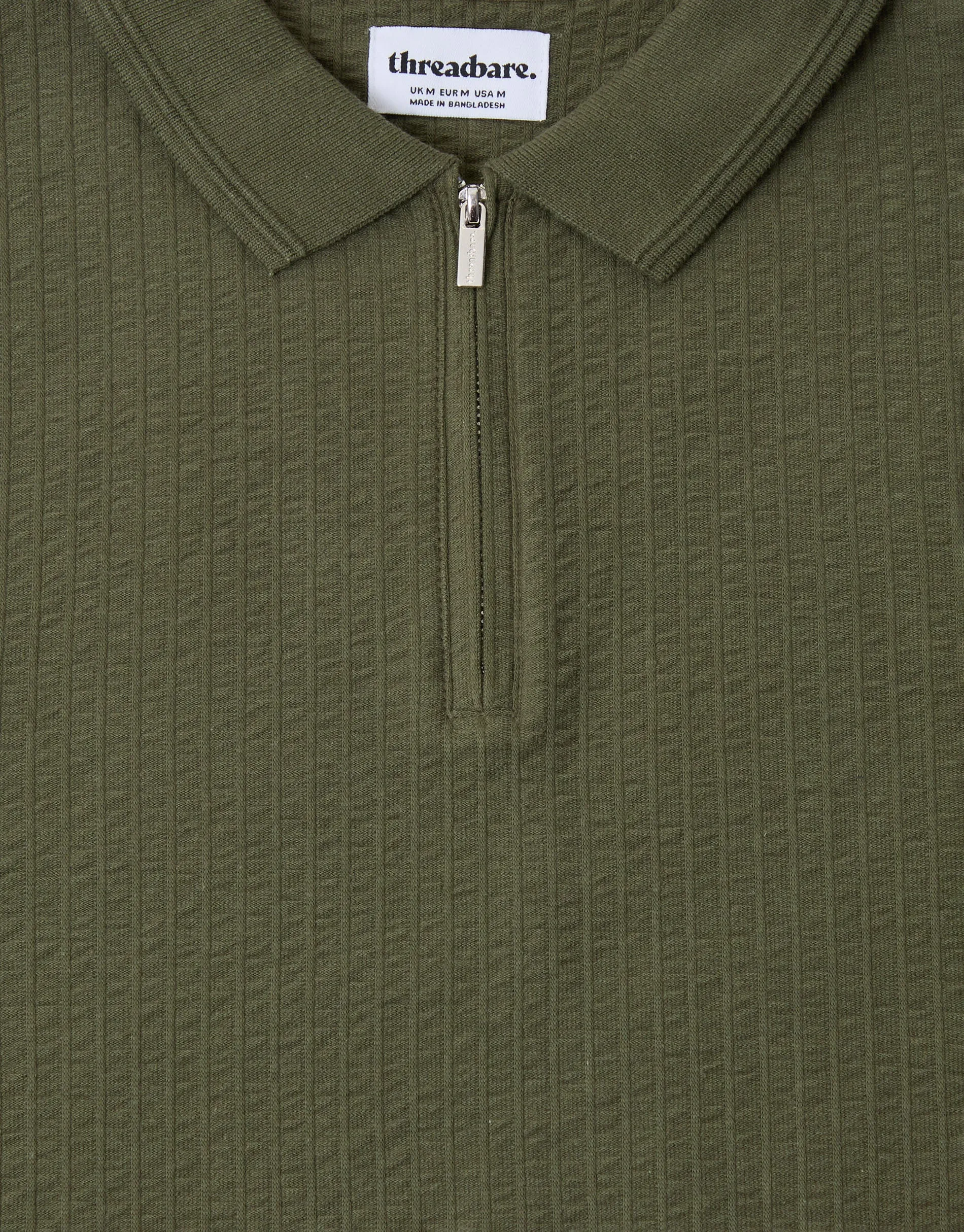 Textured Cotton Zip Up Polo Shirt in Khaki Green sold by Threadbare product image thumbnail 5