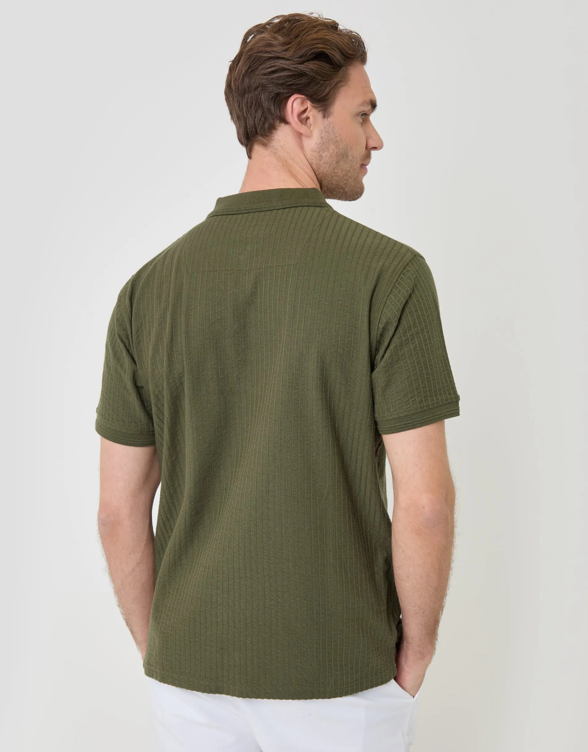 Textured Cotton Zip Up Polo Shirt in Khaki Green sold by Threadbare product image thumbnail 2