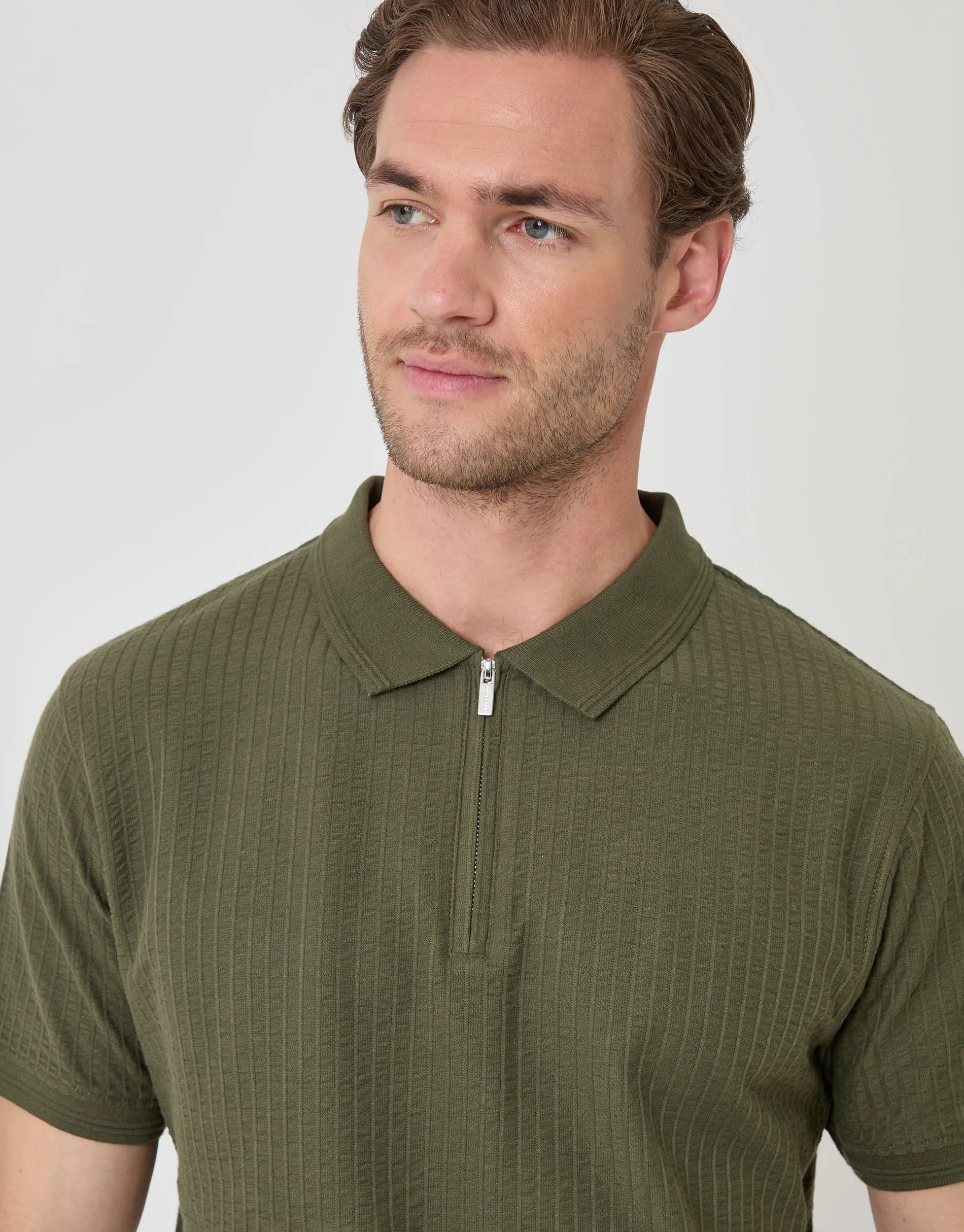 Textured Cotton Zip Up Polo Shirt in Khaki Green sold by Threadbare product image thumbnail 4