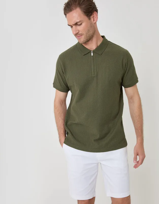 Textured Cotton Zip Up Polo Shirt in Khaki Green made by Threadbare