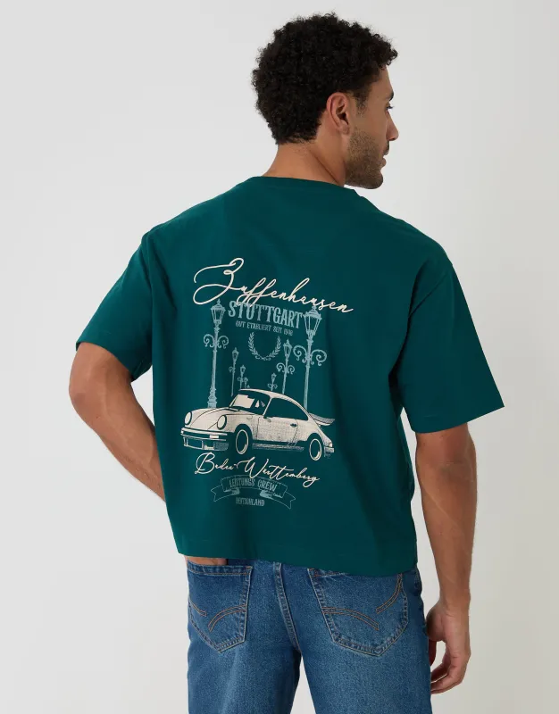 Boxy Fit Stuttgart Print Cotton T-Shirt in Teal Green made by Threadbare