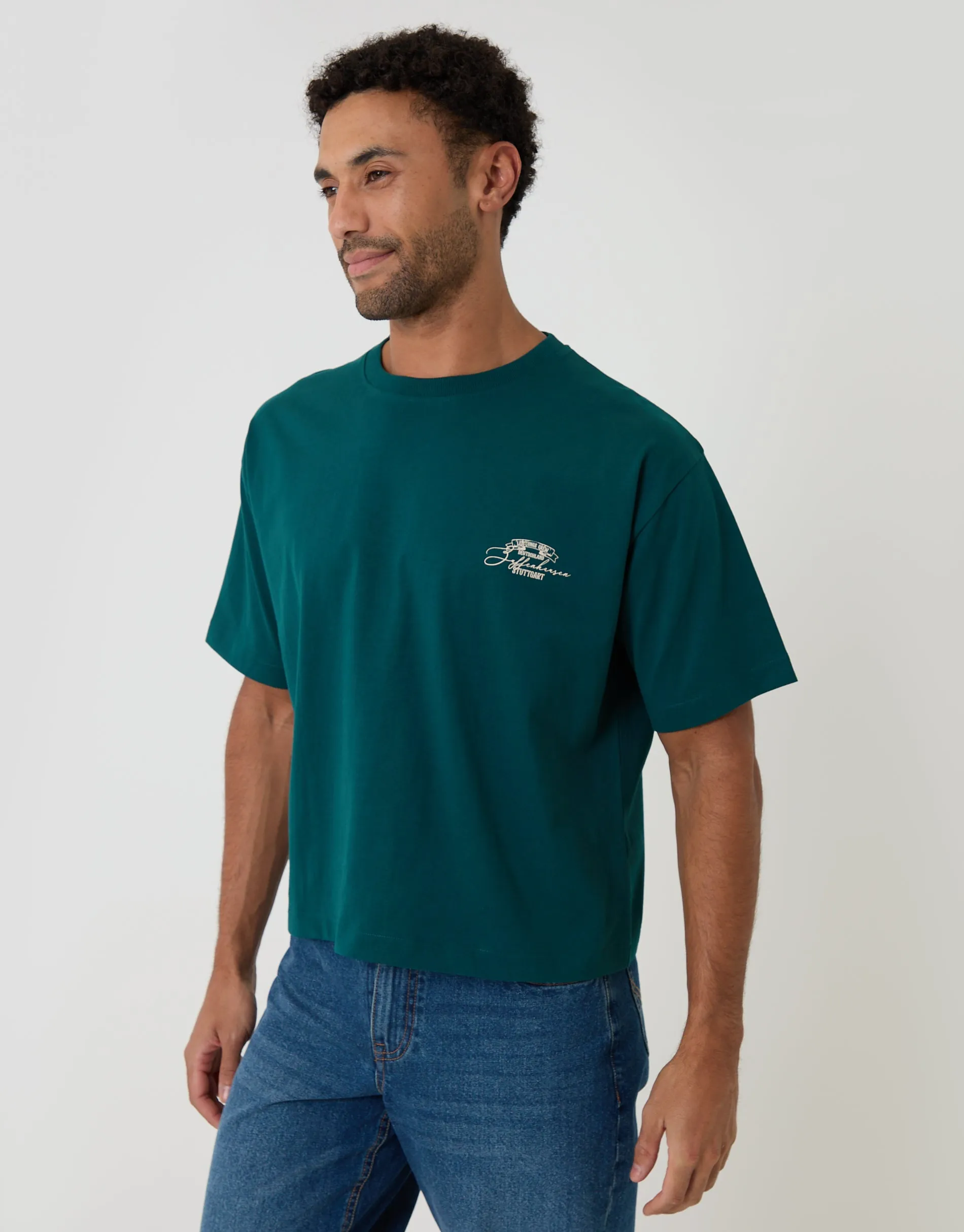 Boxy Fit Stuttgart Print Cotton T-Shirt in Teal Green sold by Threadbare product image thumbnail 2