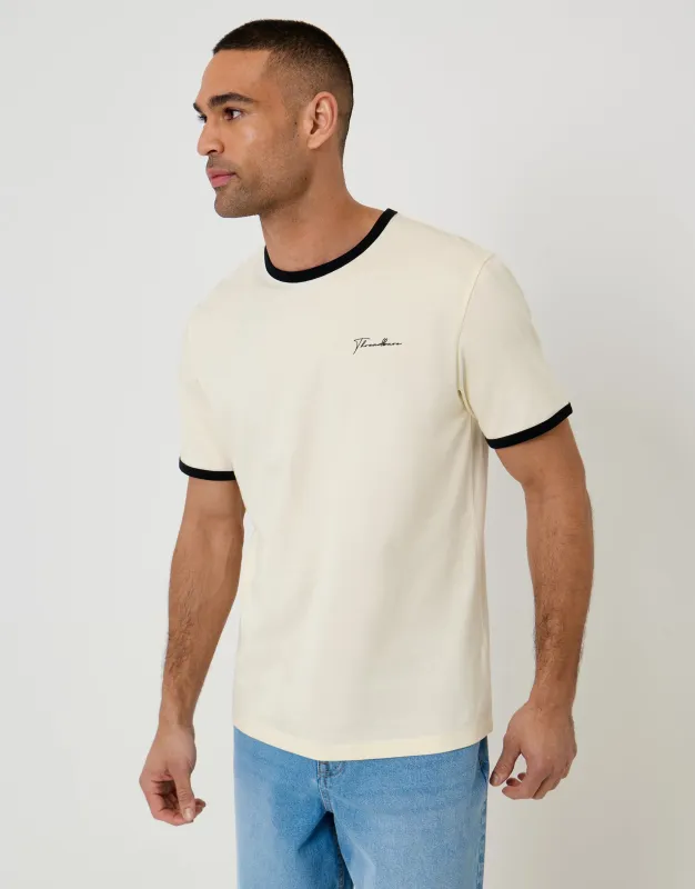 Script Cotton Ringer T-Shirt in Off White made by Threadbare