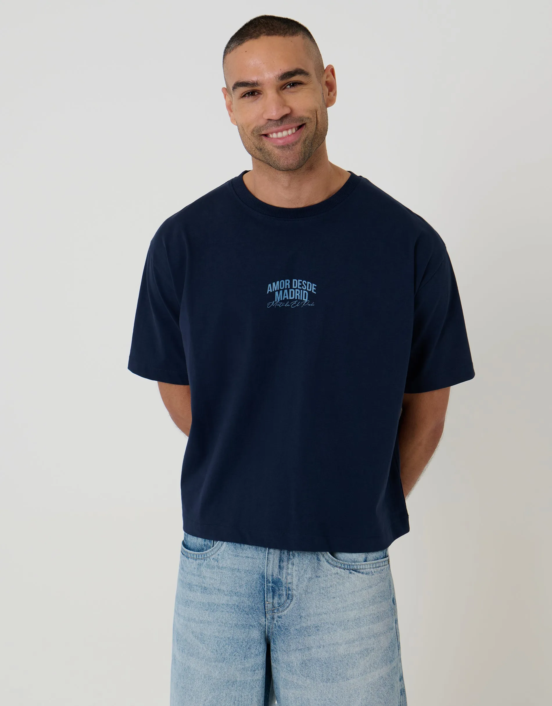 Boxy Fit Madrid Print Cotton T-Shirt in Navy sold by Threadbare product image thumbnail 2