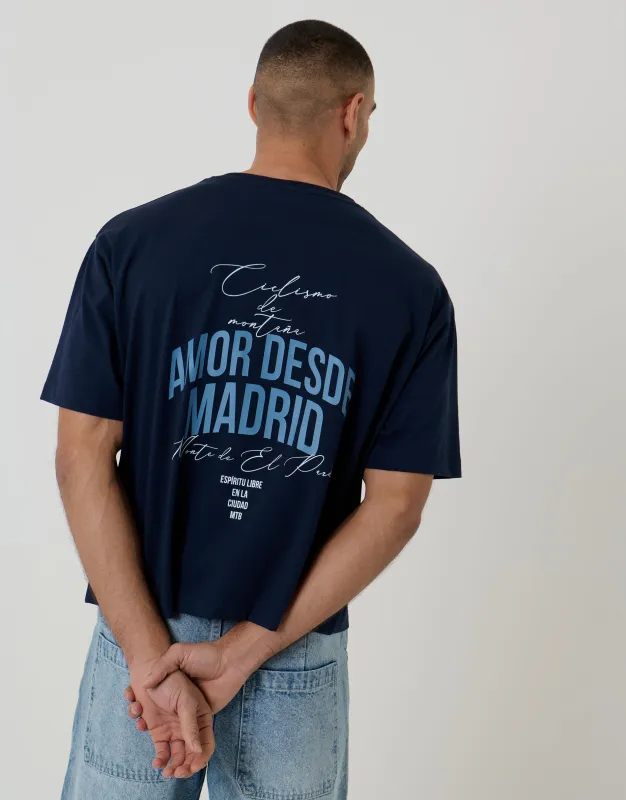 Boxy Fit Madrid Print Cotton T-Shirt in Navy made by Threadbare