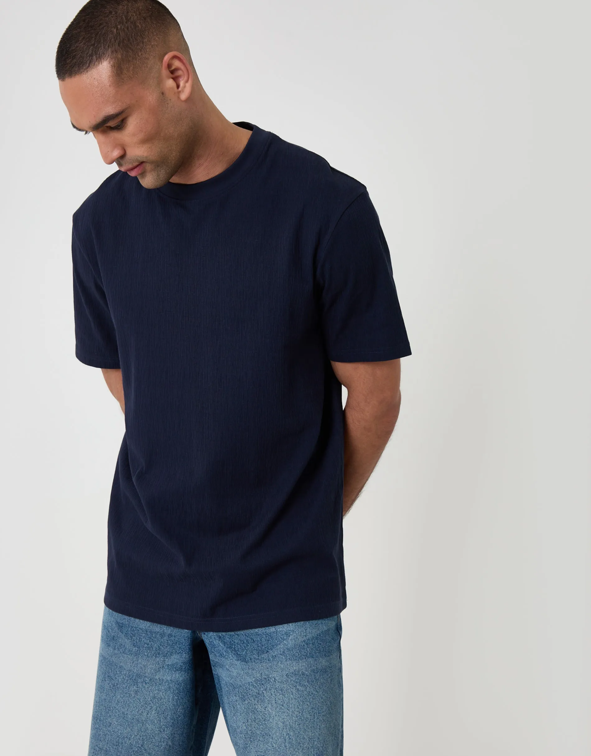 Relaxed Fit Cotton Textured T-Shirt in Navy sold by Threadbare