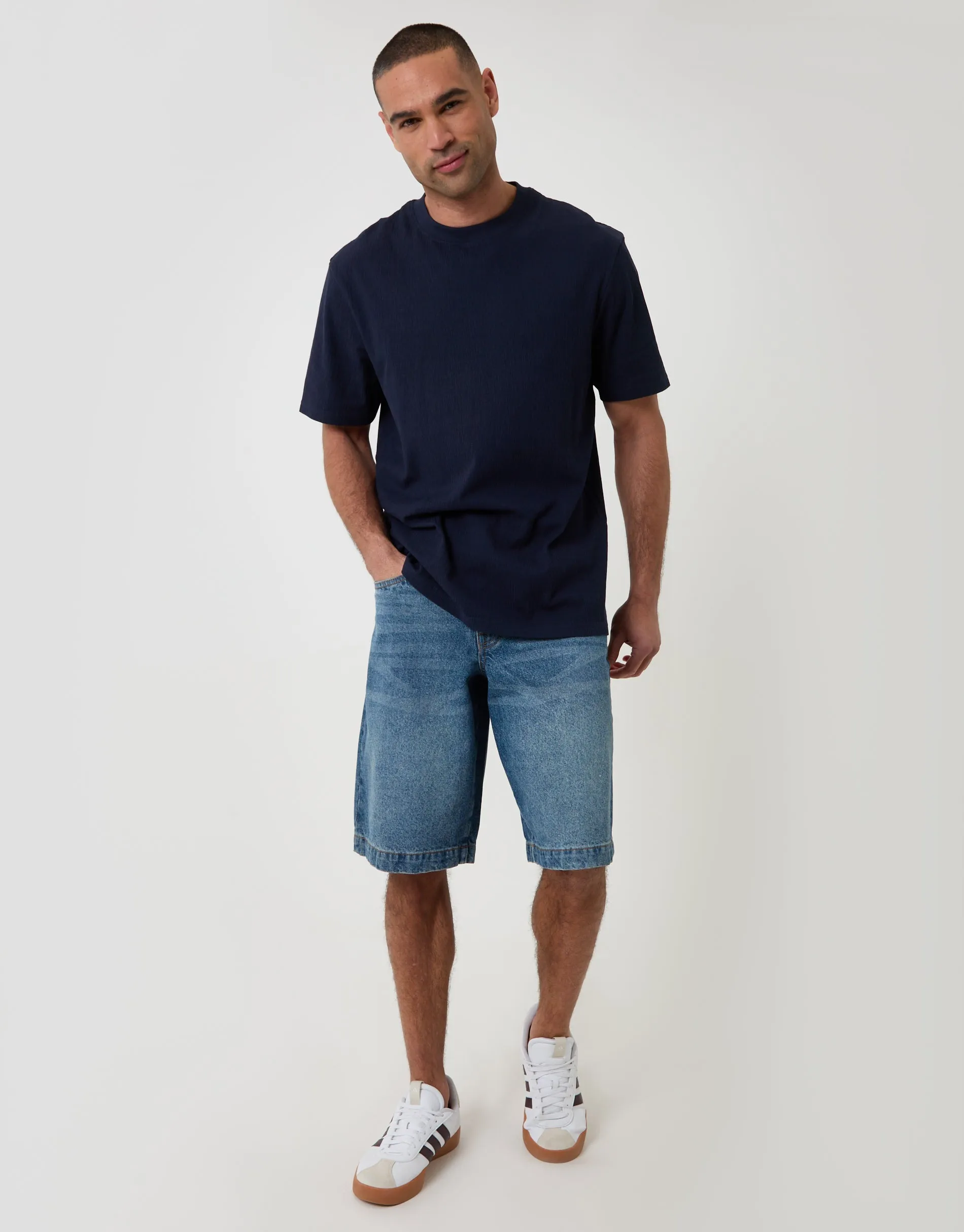 Relaxed Fit Cotton Textured T-Shirt in Navy sold by Threadbare product image thumbnail 3