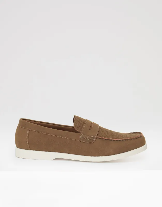 Textured Faux Suede Penny Loafers in Taupe made by Threadbare