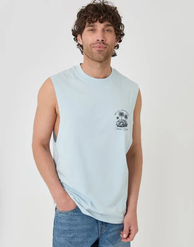 Relaxed Fit Playa Cotton Vest in Blue made by Threadbare