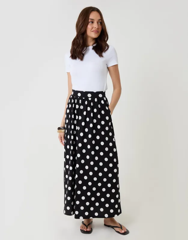 Pure Cotton A-Line Maxi Skirt in Mono Polka Dot made by Threadbare