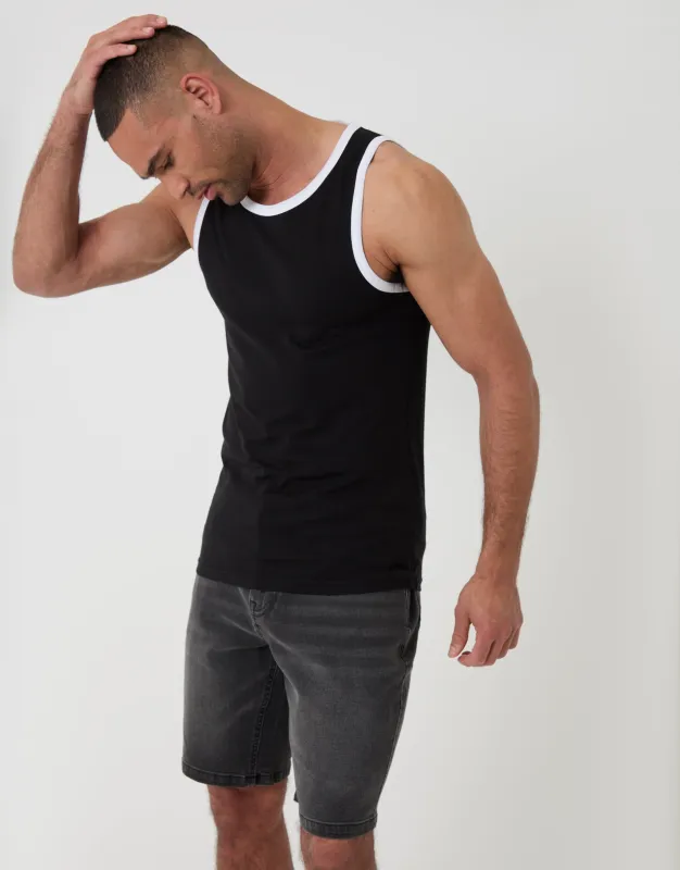 Cotton Ringer Vest in Black made by Threadbare