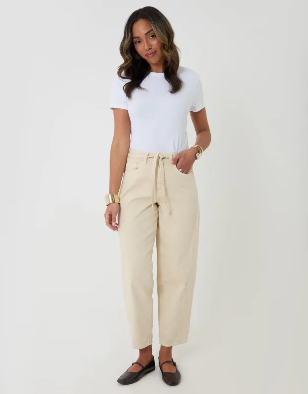 Petite Belted Barrel Leg Jeans in Ecru made by Threadbare